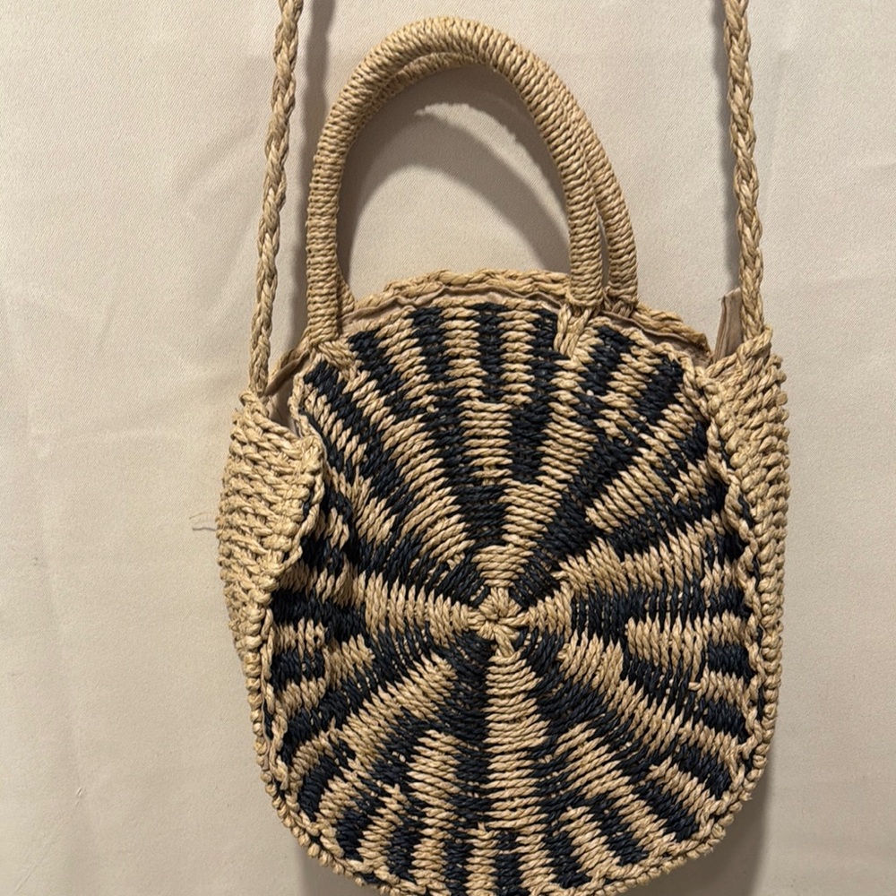 Tan and Black Artisanal Shoulder Bag with Geometric Design